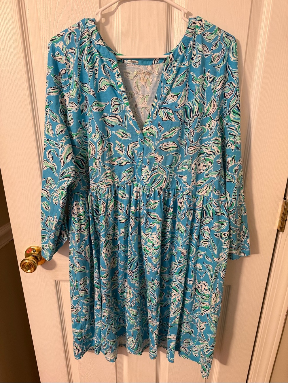 Blue Patterned V-Neck Long Sleeve Dress